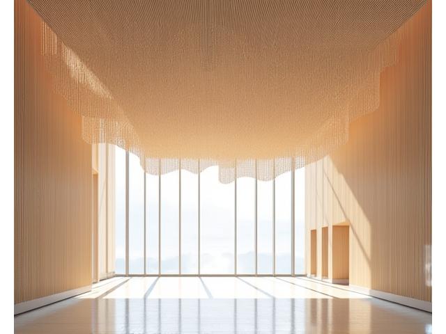 Dynamic bamboo ceiling installation creating a flowing, wave-like pattern.
