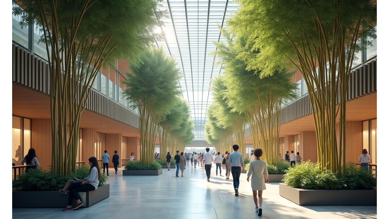 Inspirational bamboo structure in a university common area, encouraging collaboration.