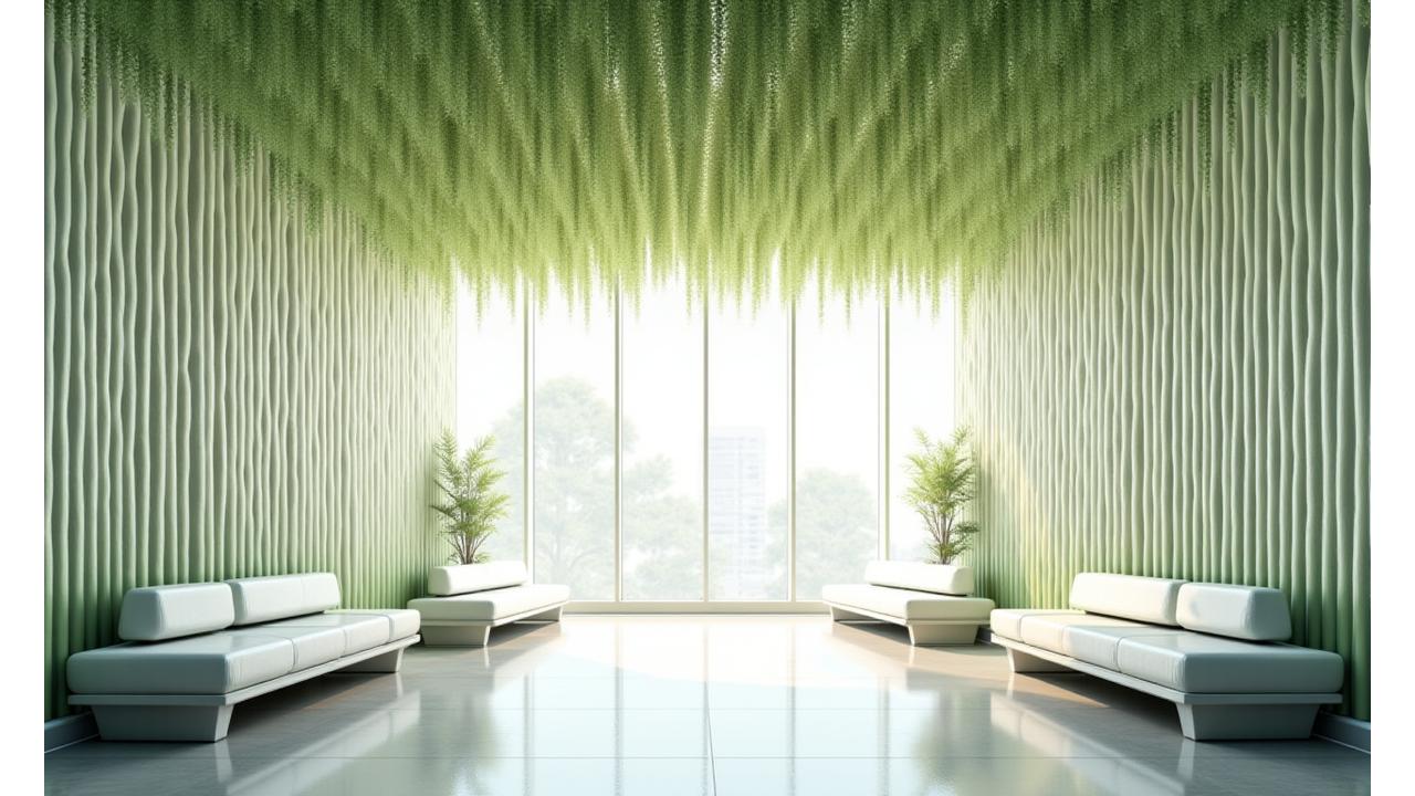 Calming bamboo ceiling installation in a healthcare facility waiting area, designed for patient comfort.