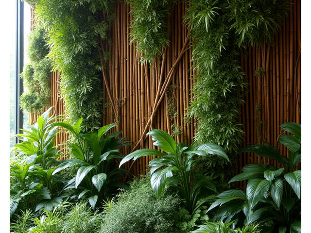 Indoor living wall made with intricate bamboo structures and vibrant green plants.