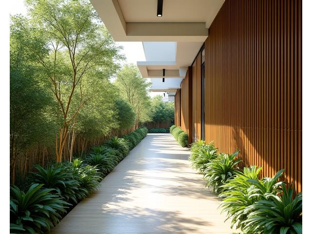 Seamless outdoor-indoor transition space featuring bamboo structural elements and natural light.