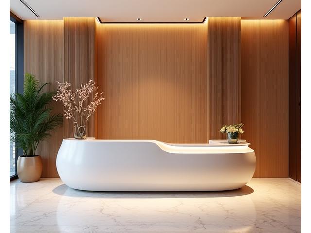 Luxurious reception area with a custom-designed bamboo desk and backdrop.