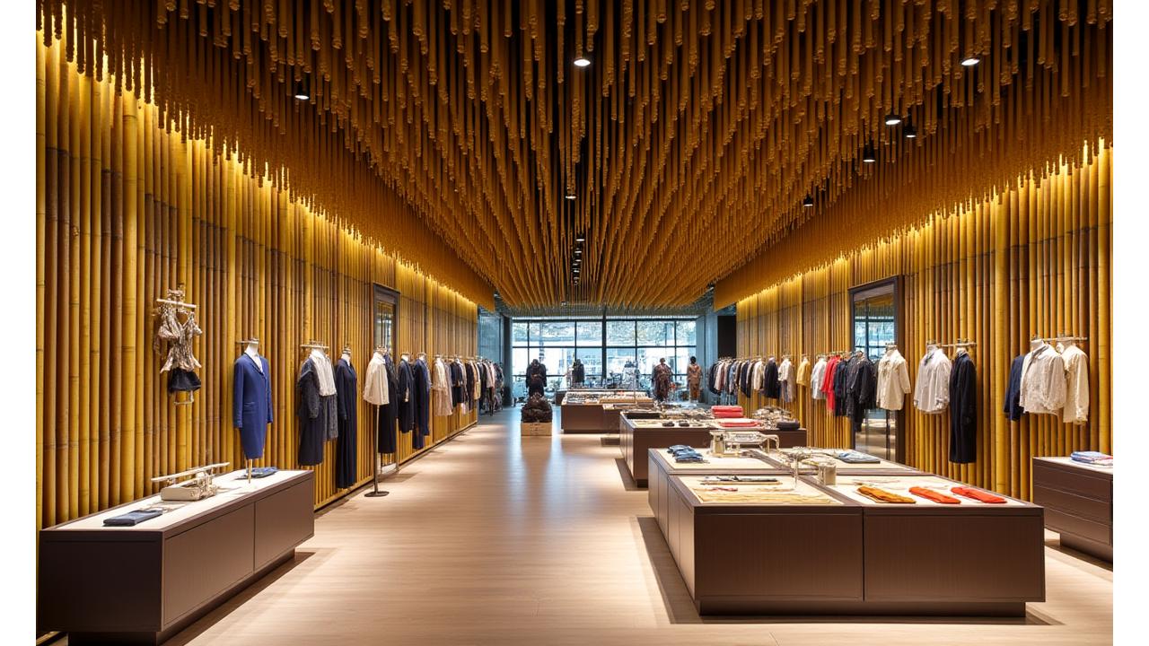 Dynamic bamboo retail display and ceiling feature attracting customers.