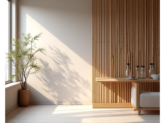 Artistic bamboo room divider with natural texture and elegant curves.