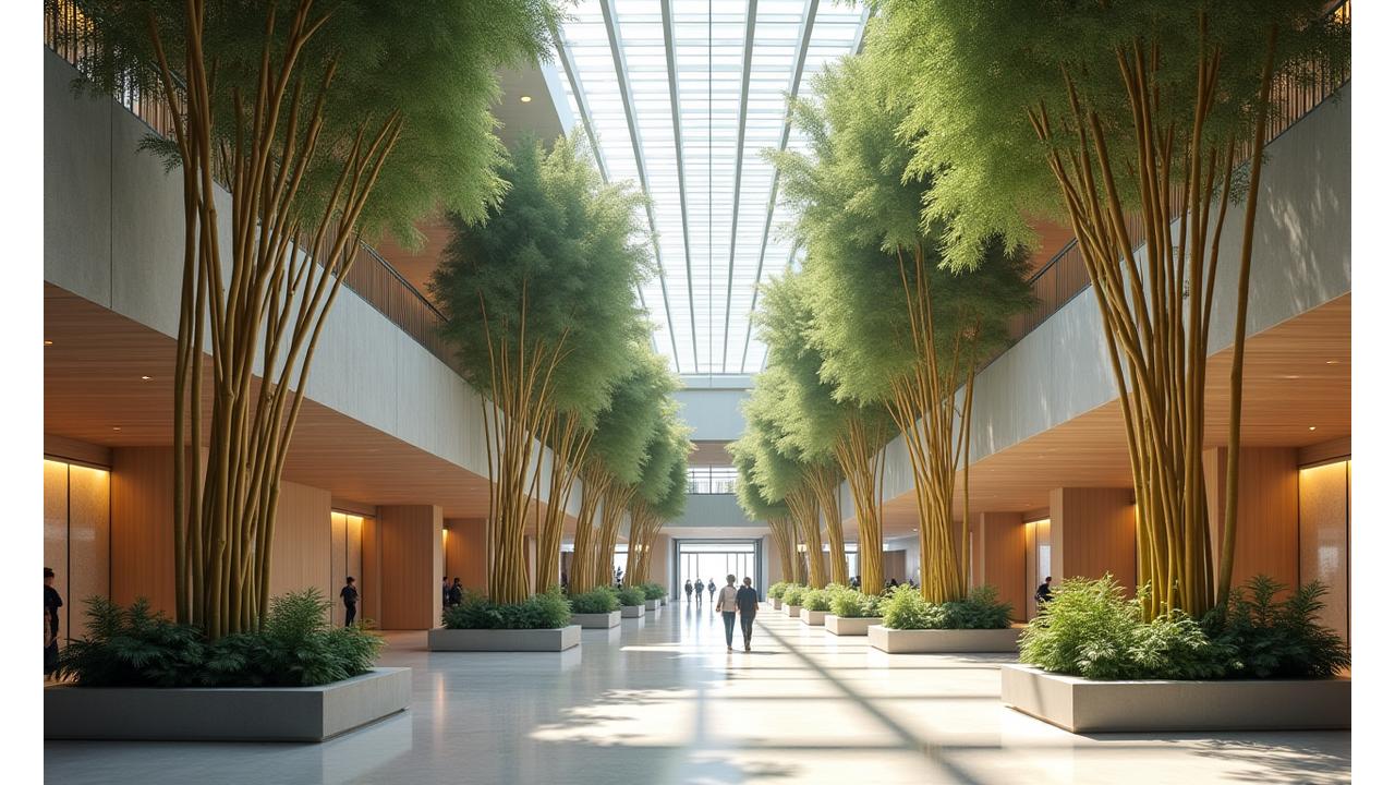 Grand bamboo sculpture in a modern tech campus lobby, creating a biophilic design element.