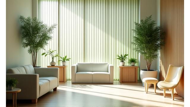 Serene medical clinic waiting area with discreet bamboo acoustic panels