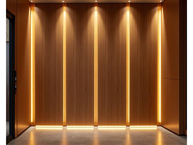Bamboo acoustic panels integrated with subtle lighting elements