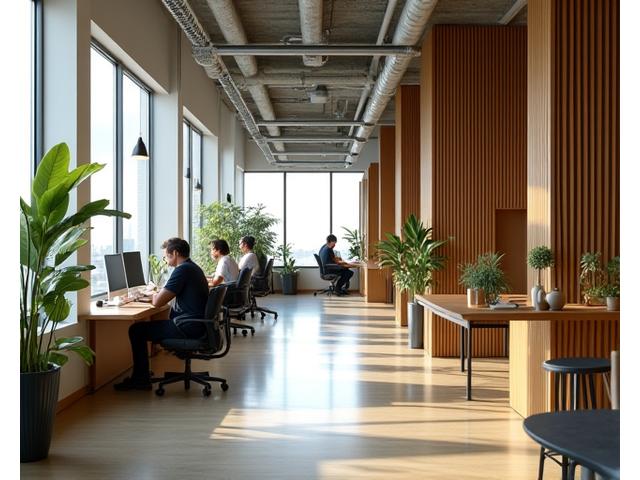 Bamboo acoustic panels in a modern office reducing noise distractions and improving productivity