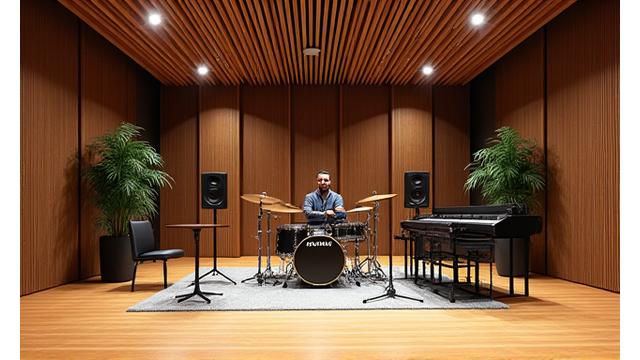 Professional recording studio with sophisticated bamboo acoustic treatments