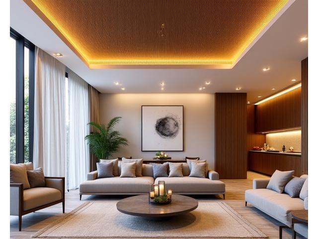 Bamboo accent ceiling defining a dining area