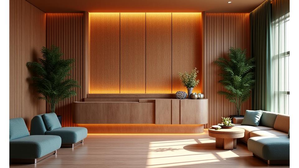 Boutique hotel reception with bamboo accent wall