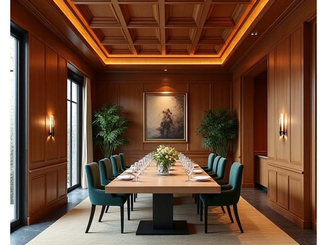 Bamboo coffered ceiling adding architectural depth