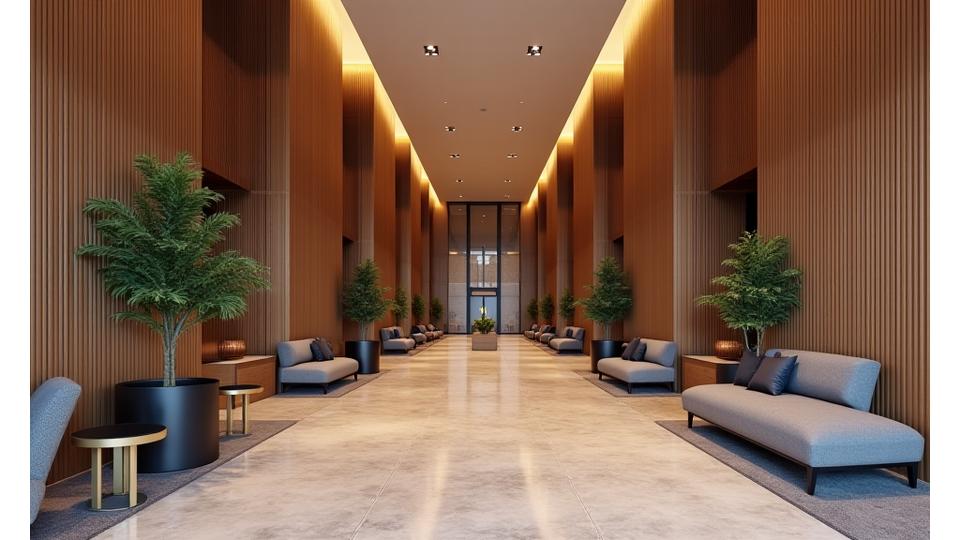 Corporate lobby featuring elegant bamboo wall treatments