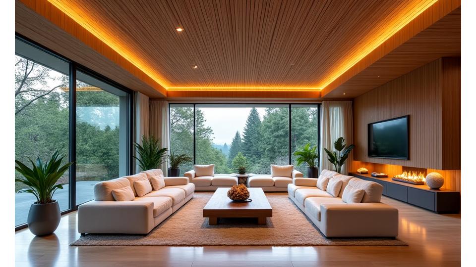 Luxury residential living room with custom bamboo ceiling