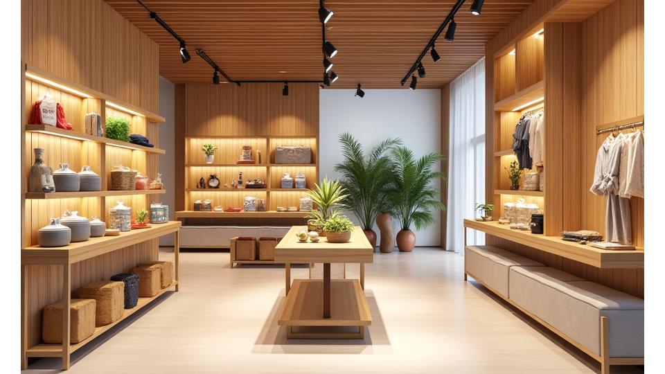 Retail store interior with bamboo display walls