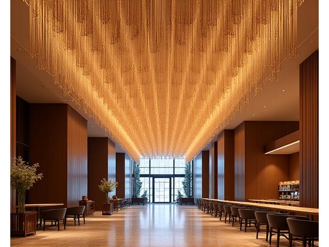 An elaborate bamboo ceiling light installation providing diffused ambient lighting for a large commercial space.