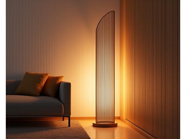 A tall, sculptural bamboo floor lamp providing soft, ambient light and decorative shadow play in a contemporary living room.