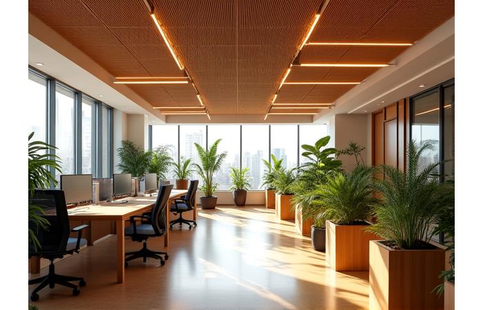 The same office space featuring innovative bamboo acoustic lighting panels, creating a calm, productive, and naturally lit atmosphere.
