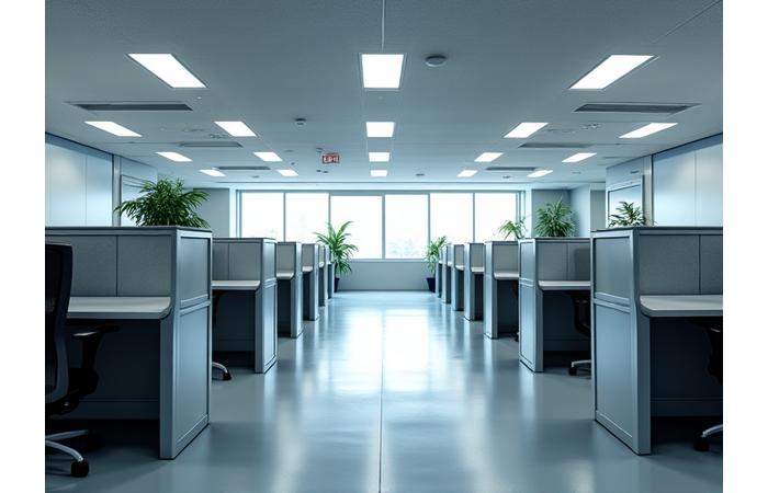 A standard office cubicle area with harsh fluorescent lighting.