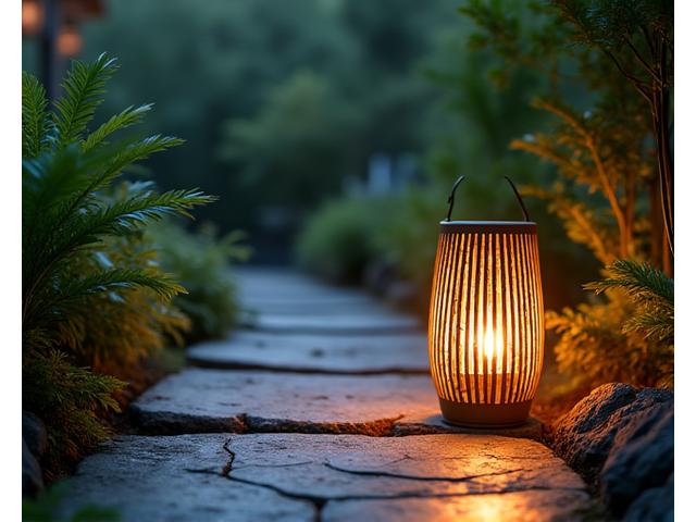 A serene outdoor pathway illuminated by a durable, weather-resistant bamboo lantern, blending with natural landscaping.