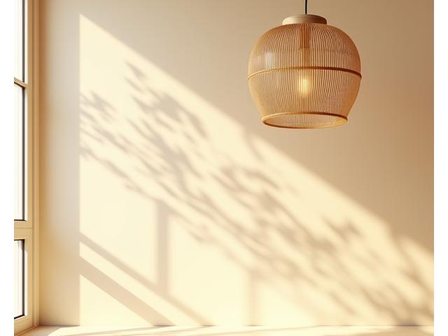 Close-up of a stylish bamboo pendant light casting intricate, organic shadow patterns on a light-colored wall.