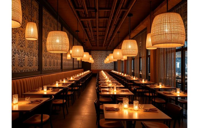 The same restaurant interior transformed with warm bamboo pendant lights creating intimate, inviting pools of light and shadow.