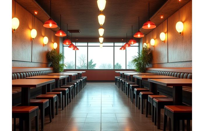 A brightly lit but uninviting restaurant interior before bamboo lighting installation.