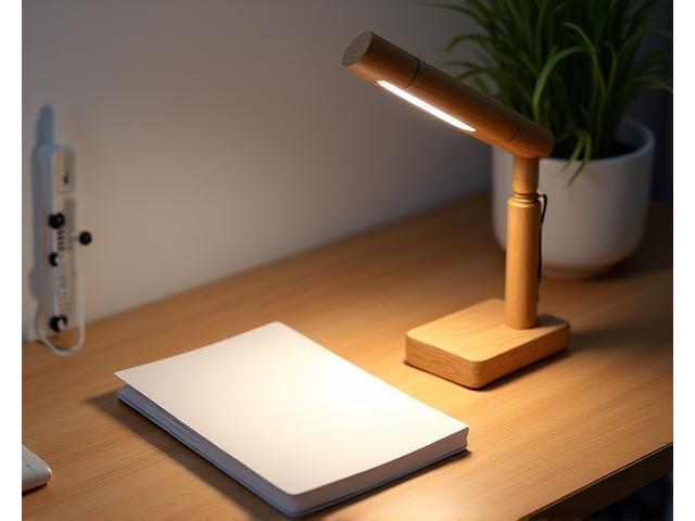 A desk with a sleek bamboo task lamp providing focused illumination, featuring adjustable elements.