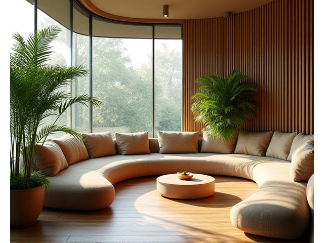 Calm break area with comfortable seating, bamboo planters, and warm, diffused lighting
