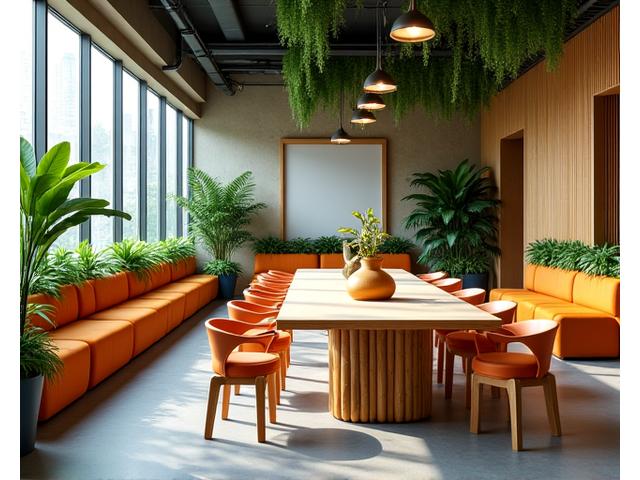 Dynamic collaboration space with a large bamboo communal table and integrated living wall