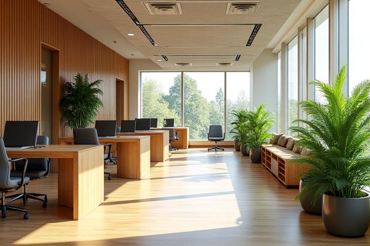 Modern open-plan office featuring custom bamboo desks, acoustic panels, and biophilic elements with ample natural light