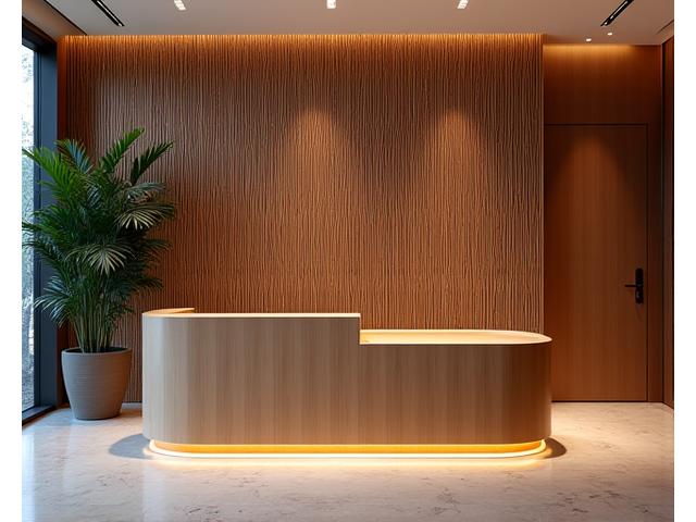 Elegant office reception area with a bamboo feature wall and custom reception desk