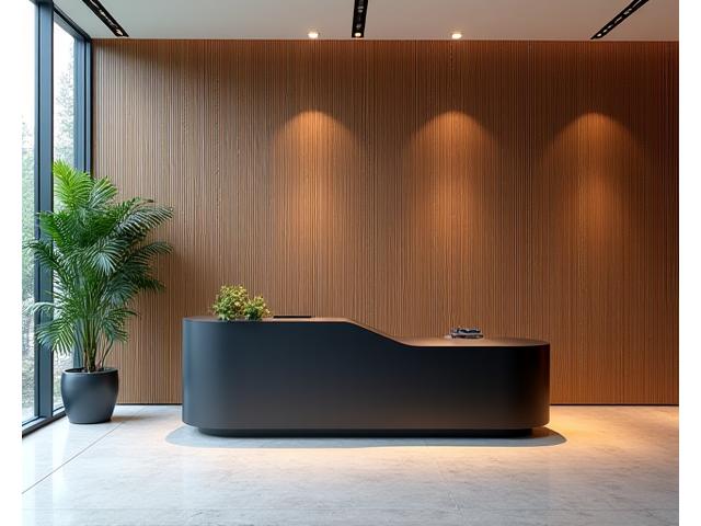 Sleek, eco-friendly office lobby with a striking bamboo feature wall and minimalist reception desk, designed for a commercial client. Soft, professional lighting.