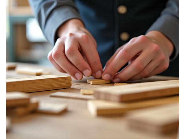 Hands inspecting a selection of raw bamboo stalks and processed bamboo panels in a well-lit workshop, illustrating material quality and sustainability. Close-up detail shot.