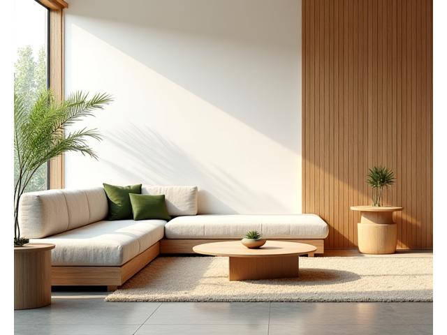 Modern living room showcasing custom bamboo furniture and accents, designed for residential comfort and aesthetic appeal. Minimalist and warm lighting.