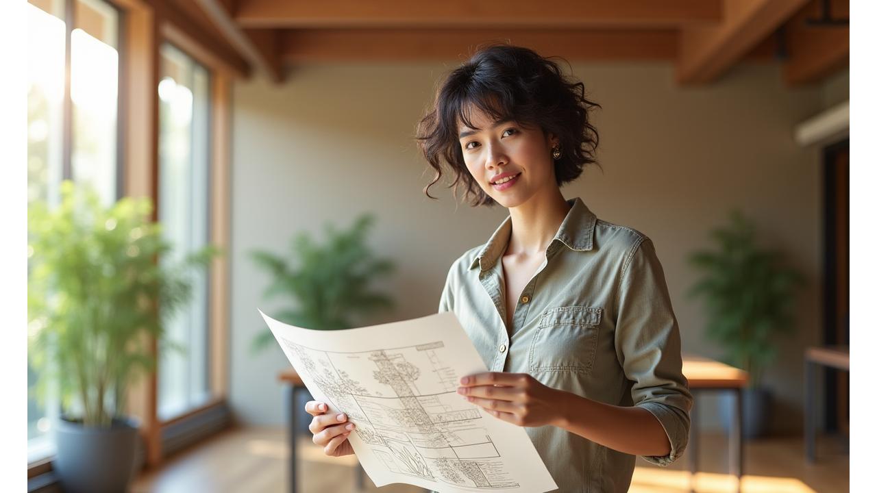 Architect holding bamboo design plans in a sustainably designed office, bathed in soft, natural light, reflecting Tresylvondria's commitment to eco-luxury.