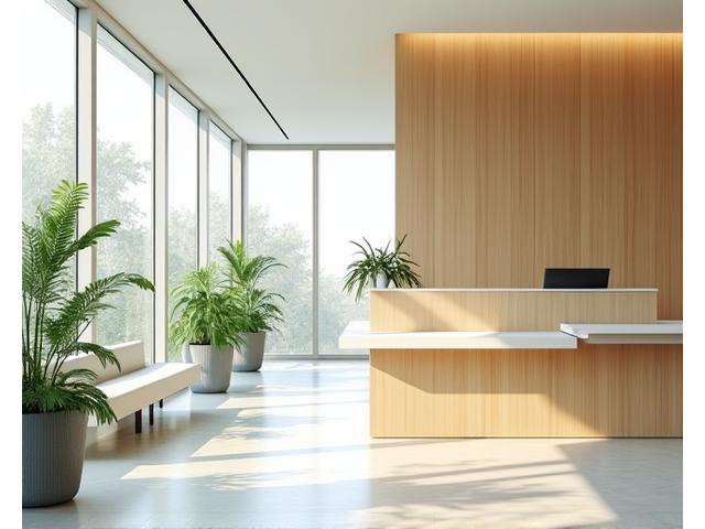 Bright and calming medical clinic reception with bamboo reception desk and natural light, designed for patient comfort.