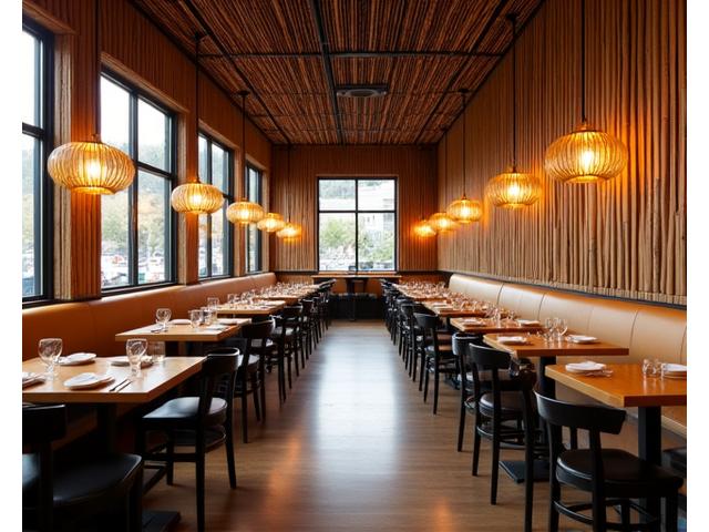 Modern restaurant dining area in Lake Oswego featuring warm bamboo paneling and soft pendant lighting, creating an inviting atmosphere.