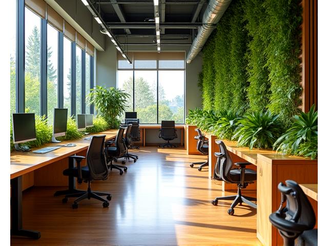 Vibrant, biophilic office space in a Portland tech startup with custom bamboo workstations and plant installations.
