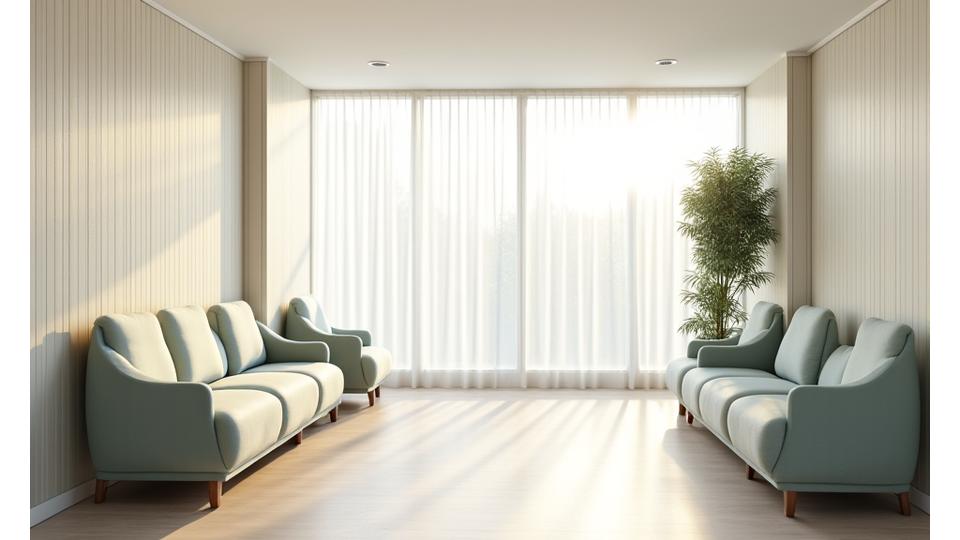 Calm and modern healthcare waiting area in Salem with soft bamboo wall panels, comfortable seating, and subtle natural light.