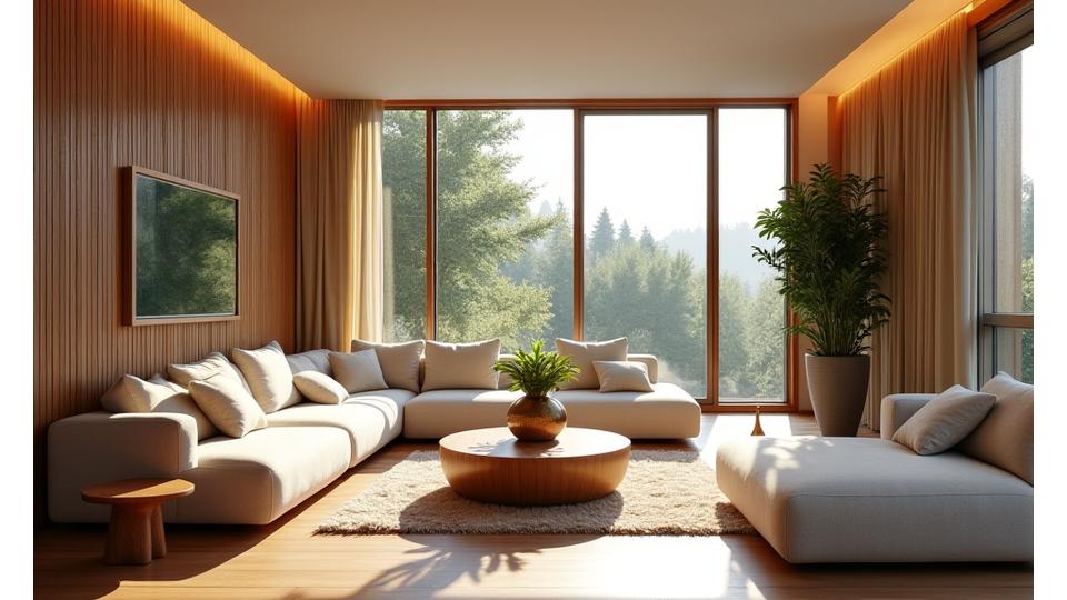 Luxurious residential living room in Portland with custom bamboo wall panels and integrated seating, bathed in natural light.