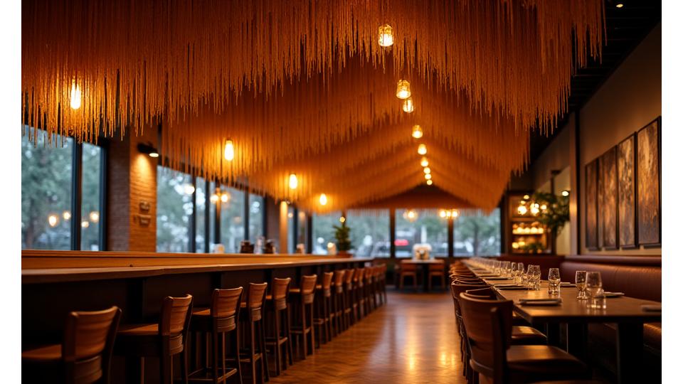 Upscale restaurant interior in Lake Oswego with elegantly curved bamboo ceiling features and warm, inviting lighting.