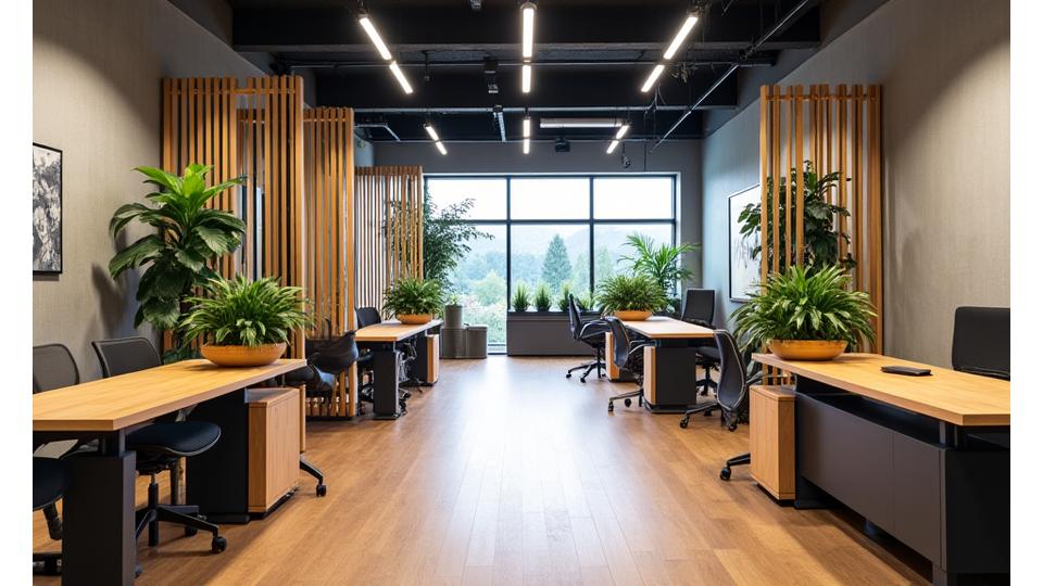 Modern tech office in Beaverton featuring open-plan workstations, custom bamboo dividers, and natural vegetation for a biophilic atmosphere.