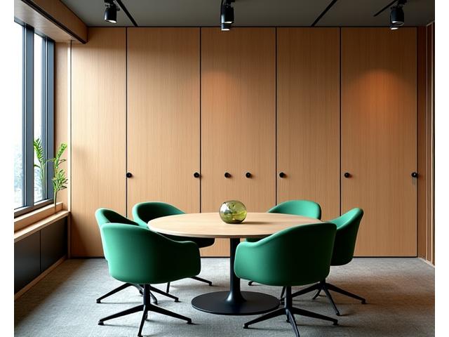Modern conference room with sustainable bamboo acoustic wall panels, improving sound clarity and aesthetic.