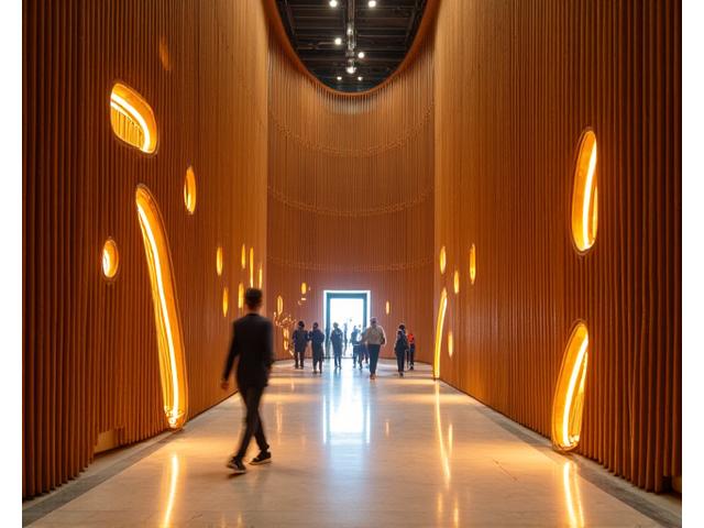 Striking architectural bamboo wall installation in a modern lobby, featuring flowing curves and integrated ambient lighting.