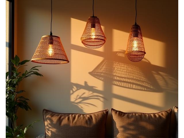 Bamboo pendant lights casting intricate shadow patterns on a wall in a dimly lit, cozy living room.