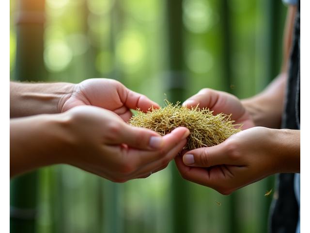Close-up of hands inspecting ethically sourced raw bamboo stalks, emphasizing quality and sustainability.