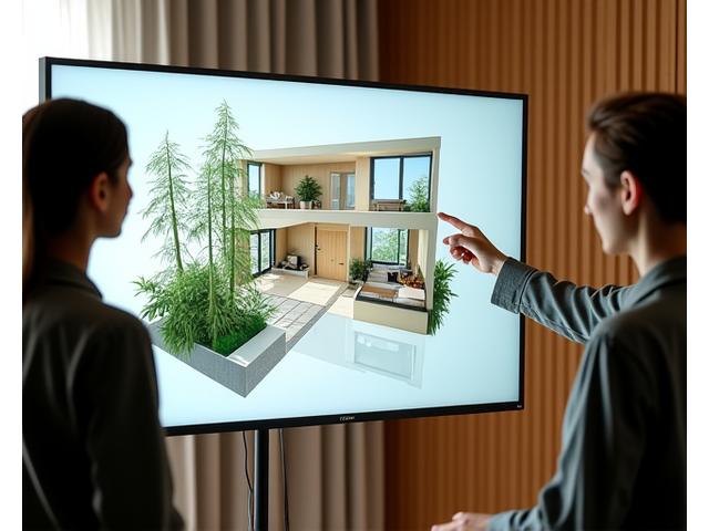 Interior designer presenting a 3D spatial plan to a client, showcasing a balanced and natural material layout.