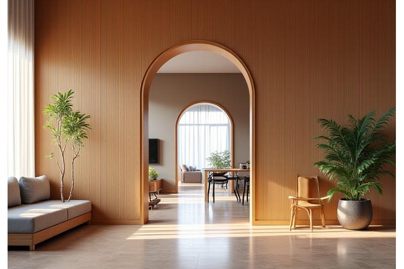 An interior view featuring elegant bamboo structural elements forming natural room divisions and a warm, inviting atmosphere.