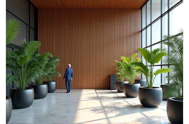 A modern corporate office lobby with a prominent bamboo slat wall and large potted plants, suggesting a calming and productive atmosphere.